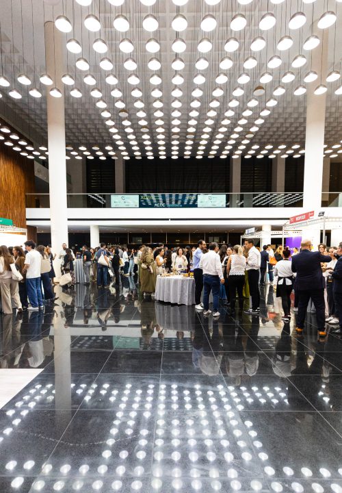 Fotografía de congreso AEDE 2025 - Zona de networking y exposición comercial en el hall del congreso Alicante